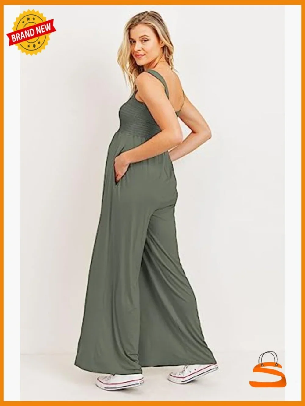 Maternity Sleeveless Jumpsuit Romper Smocked Neck Pockets